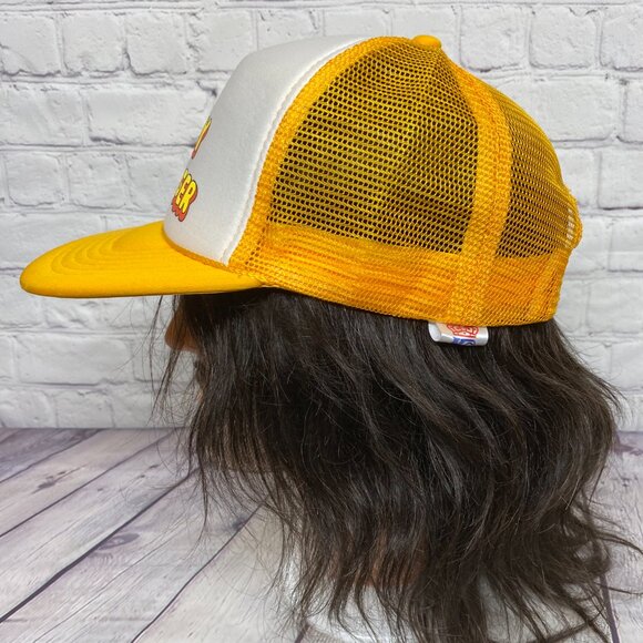 Vintage Trucker Hat Mesh Cap Snapback Yellow White Harvey WALLBANGER Print Logo - Picture 2 of 8